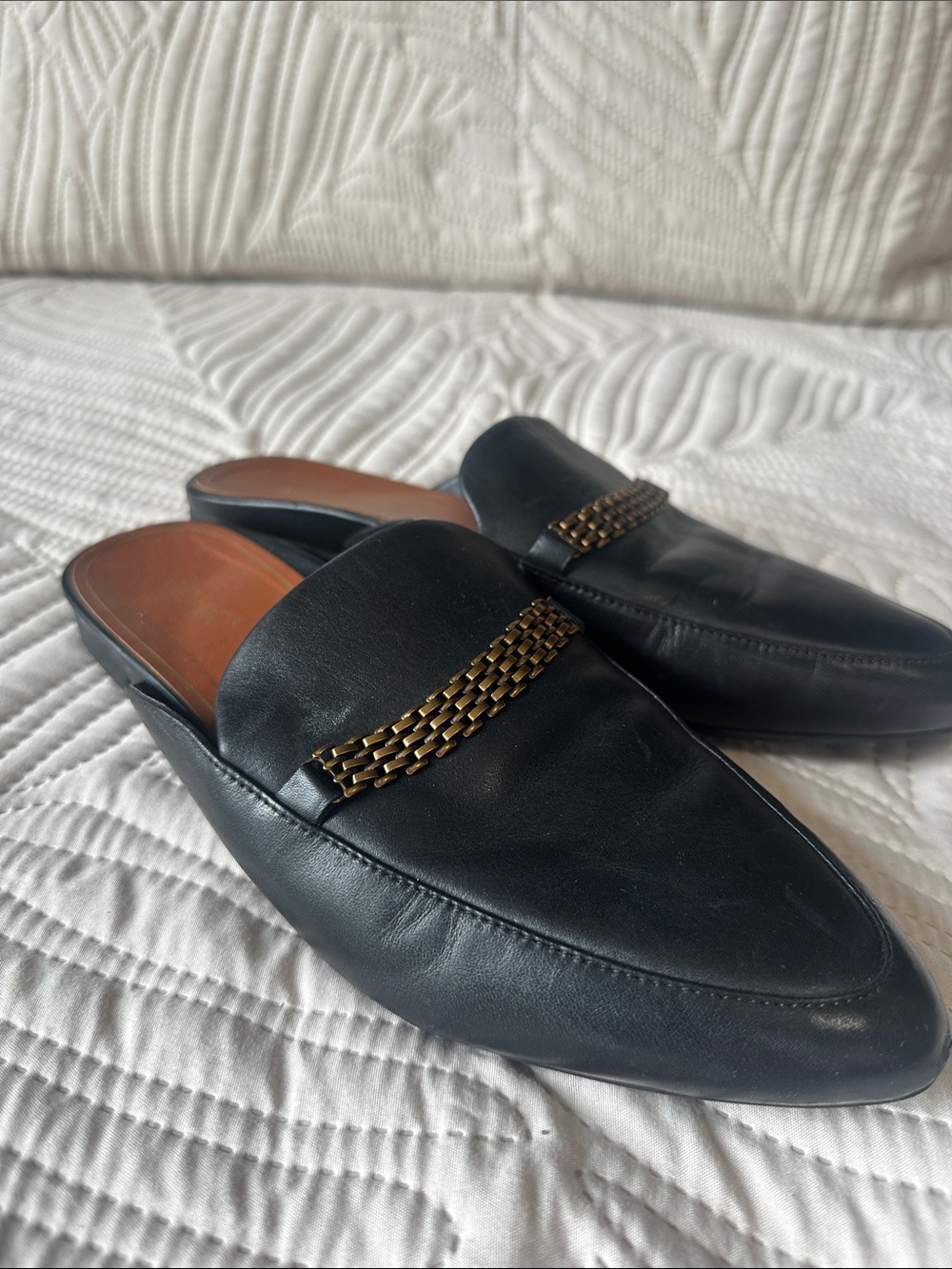 Vionic Black Leather Mules with Gold Chain Detail